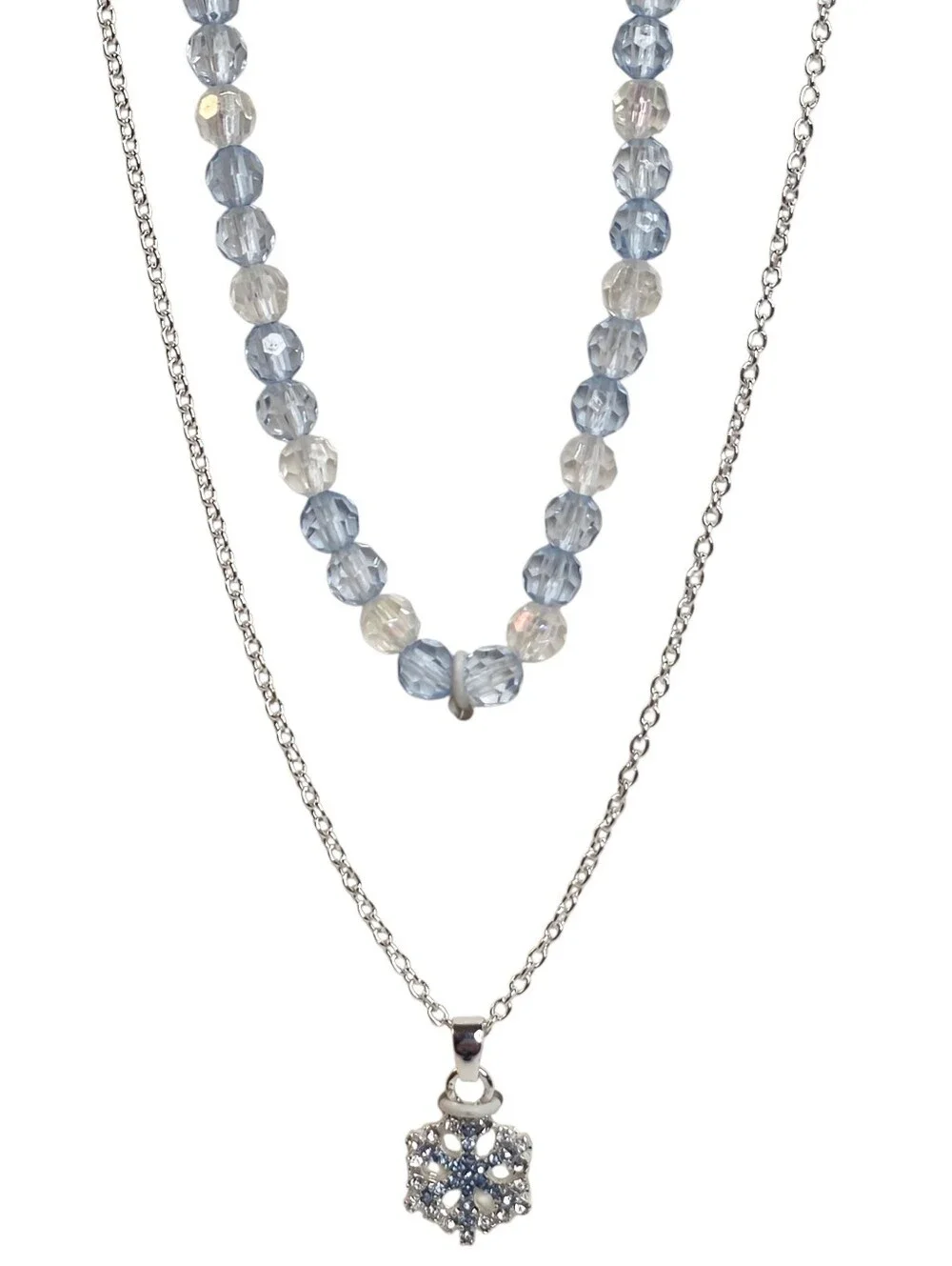 Crewcuts By J Crew Winter Layered Crystal Beaded Snowflake Charm Silver Necklace